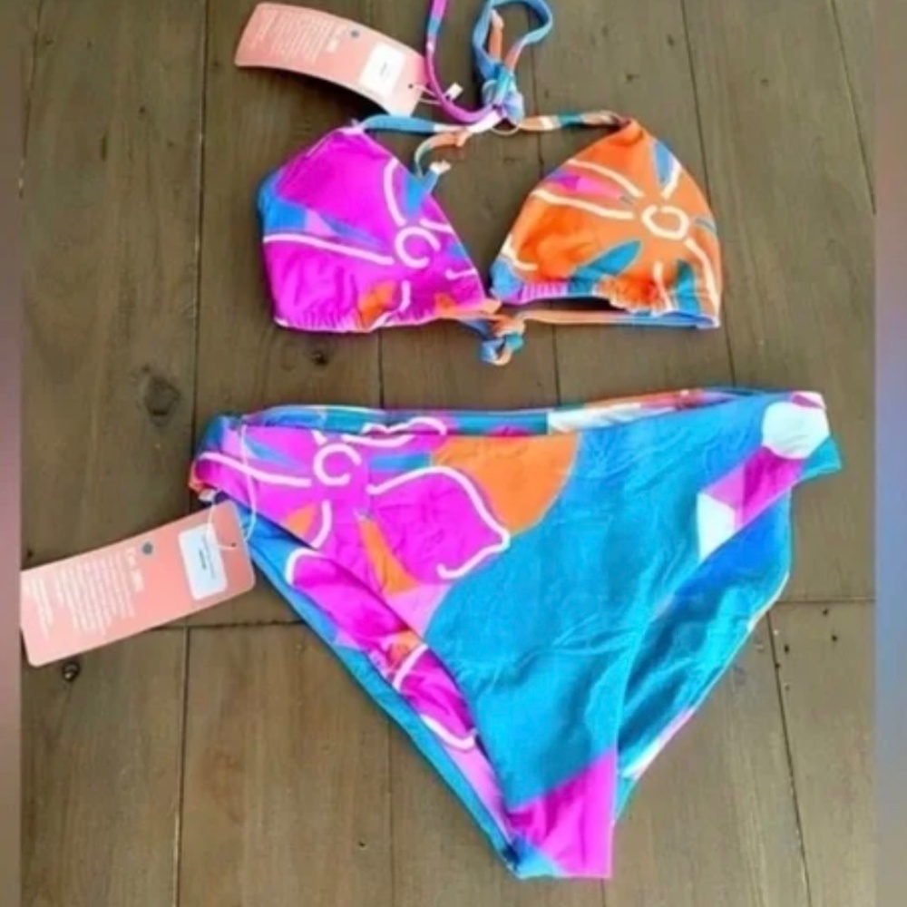 Midori Bikini Set M Strand Print Triangle Top High Cut Bottom NWT Swim - Picture 2 of 5